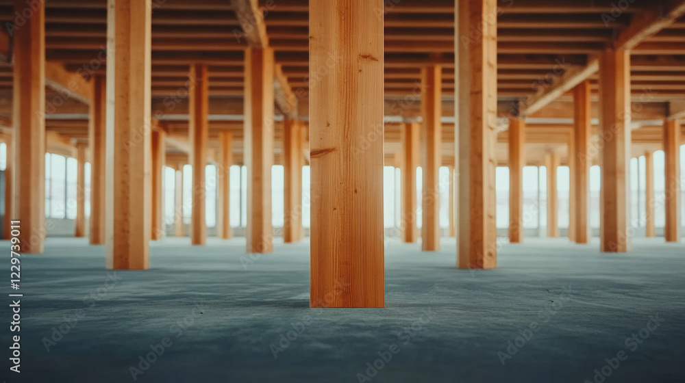 Modern Spacious Building Interior with Wooden Pillars and Concrete Floor Under Construction Modern Spacious Building Interior with Wooden Pillars and Concrete Floor Under Construction