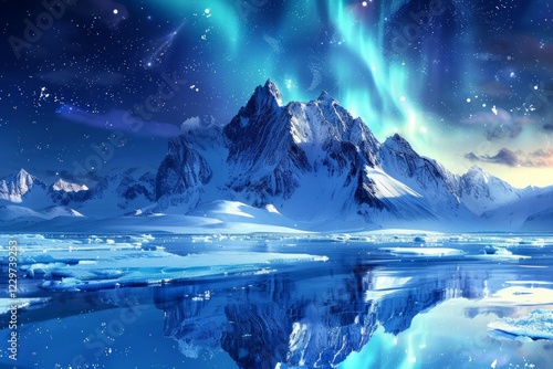 Northern lights over snowy mountain and lake scene. Neural network AI generated photo