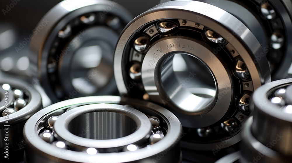 Set of deep groove ball and roller bearings on a gray background with soft focus. Neural network ai generated