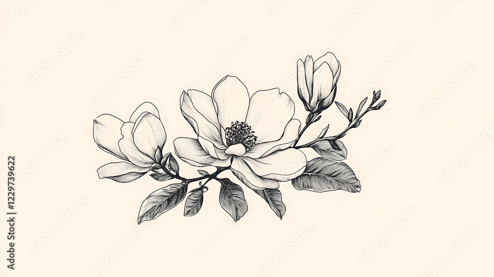 Obraz premium Magnolia flowers line drawing, delicate botanical illustration, elegant design, suitable for prints, cards, or decor