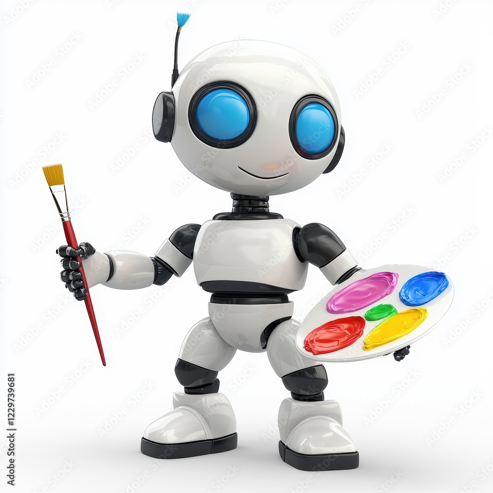 robot artist with a paintbrush and a palette, showcasing vibrant creativity, isolated on a clean white background robot artist with a paintbrush and a palette, showcasing vibrant creativity, isolated on a clean white background