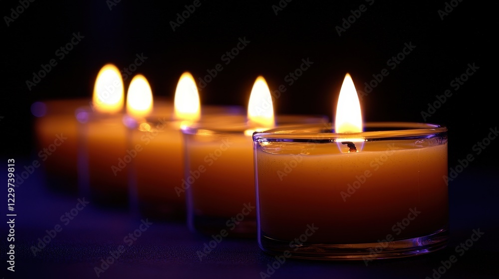 Row of Burning Candles in Glass Holders Night Light Relaxation Row of Burning Candles in Glass Holders Night Light Relaxation