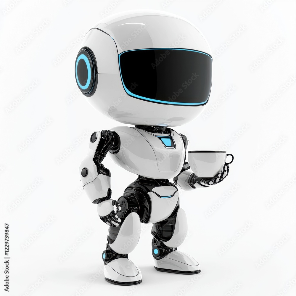robot barista holding a cup of coffee, with a sleek futuristic design, placed on a clean white background robot barista holding a cup of coffee, with a sleek futuristic design, placed on a clean white background