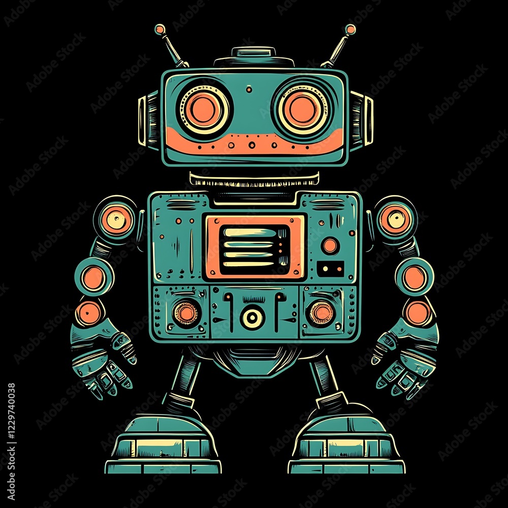 Naklejka premium Retro robot graphic design, vibrant colors, detailed mechanical parts