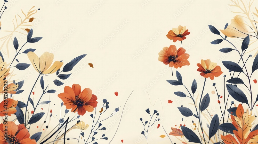Obraz premium Minimalistic watercolor representation of orange and blue flowers and leaves on a beige background, depicting nature, AI generated