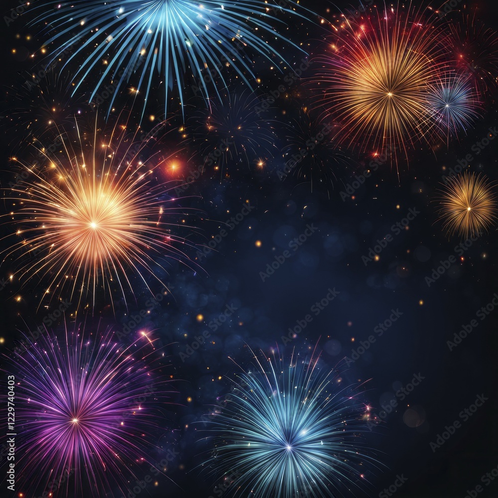 Naklejka premium Brightly colored fireworks illuminating the starry night sky, exuding a feeling of celebration and joy, AI generated