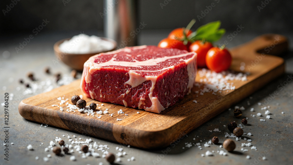 High-Resolution Marbled Rump Steak on Rustic Cutting Board with Sea Salt and Black Pepper, Ideal for Culinary Blogs, Recipe Websites, and Gourmet Food Magazines High-Resolution Marbled Rump Steak on Rustic Cutting Board with Sea Salt and Black Pepper, Ideal for Culinary Blogs, Recipe Websites, and Gourmet Food Magazines