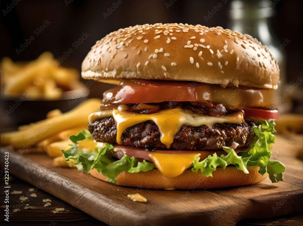 Delicious burger. Fresh hamburger with salad, ( lettuce ) with melted cheese, tomato, and farmhouse bun close up. Crispy french fries on the table. Amazing fast food. Burger shop. Classic tasty burger Delicious burger. Fresh hamburger with salad, ( lettuce ) with melted cheese, tomato, and farmhouse bun close up. Crispy french fries on the table. Amazing fast food. Burger shop. Classic tasty burger