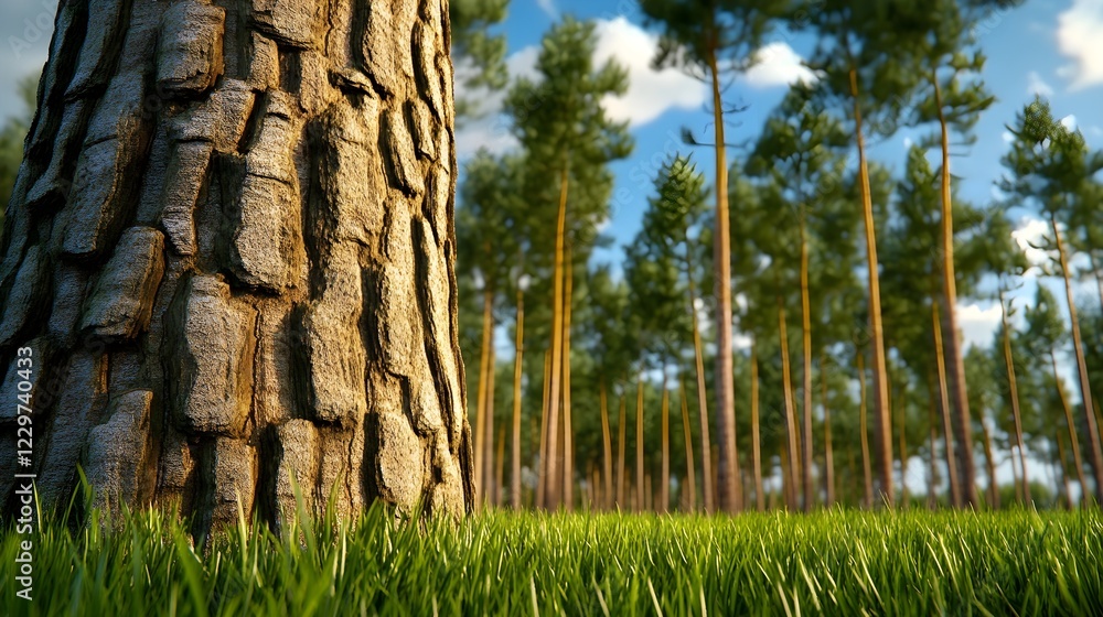 Detailed Tree Bark with Lush Green Grass in Serene Forest Setting Detailed Tree Bark with Lush Green Grass in Serene Forest Setting