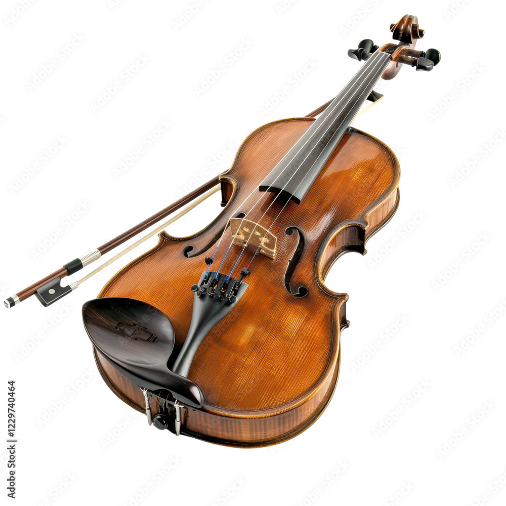 Fototapeta premium Elegantly Crafted Violin with Bow on a White Background