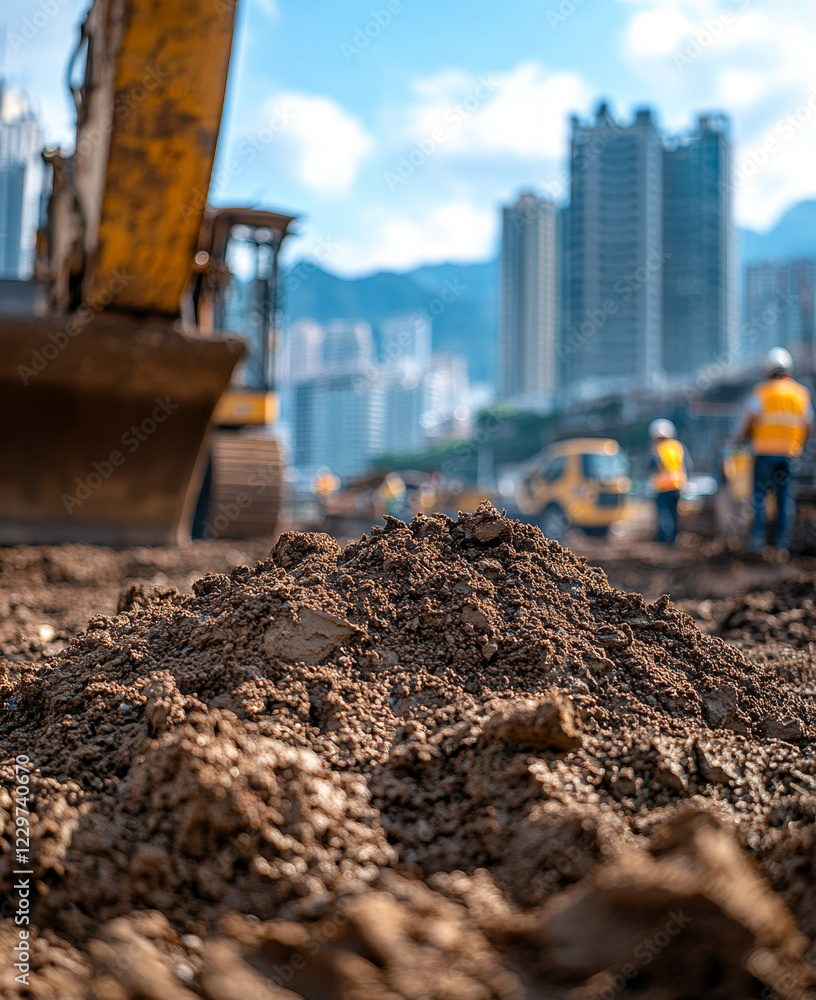 Fototapeta premium Excavator and Urban Construction Site: Earth Pile Close-up.