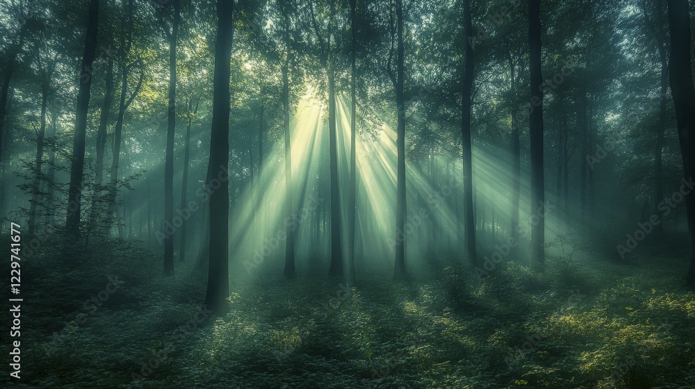 Fototapeta premium Sunlight filters through trees in a misty forest, creating a peaceful and serene atmosphere, AI generated
