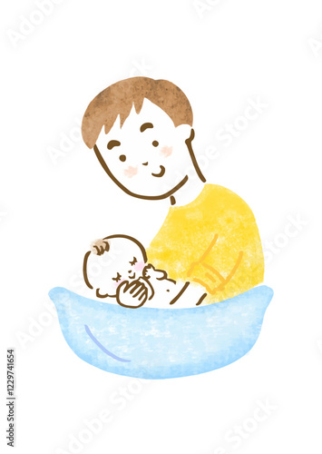 赤ちゃんを沐浴させている父親の手描きイラスト