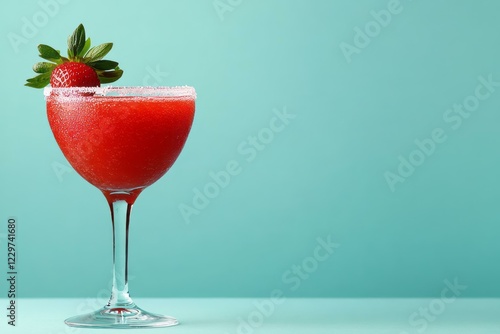 Strawberry margarita cocktail served in a glass with a straw on a wooden table photo