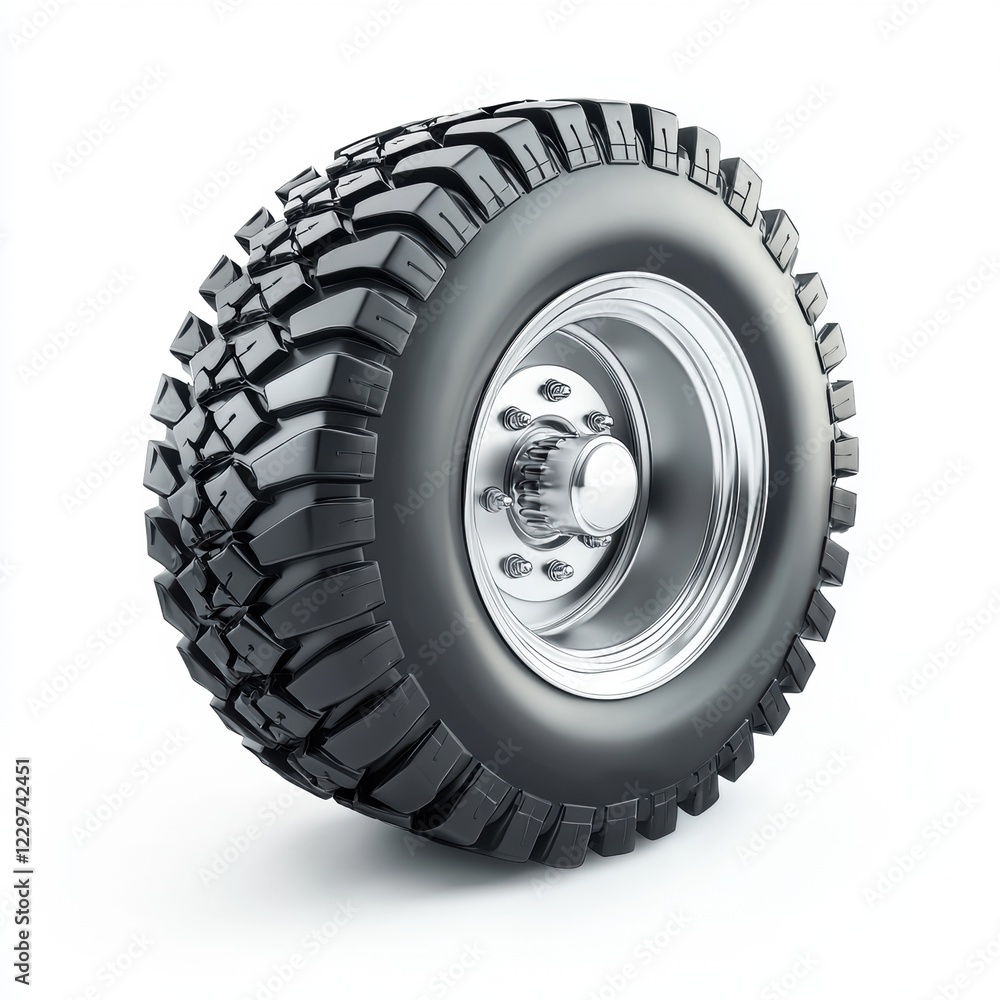 Obraz premium heavy-duty truck wheel with rugged tread and a shiny silver hubcap, placed on a clean white background