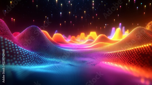 Vibrant Retro Sci-Fi Landscape with Neon Colors in 1980s Style Displaying Futuristic Vision and Energetic Atmosphere