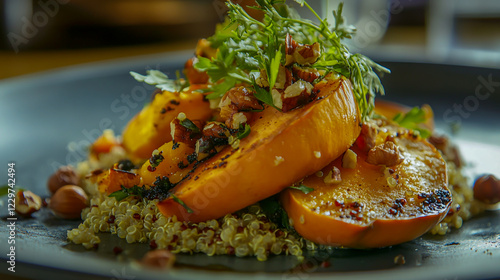 a vibrant and appetizing roasted pumpkin dish served with quinoa and crunchy hazelnuts, garnished with fresh herbs photo