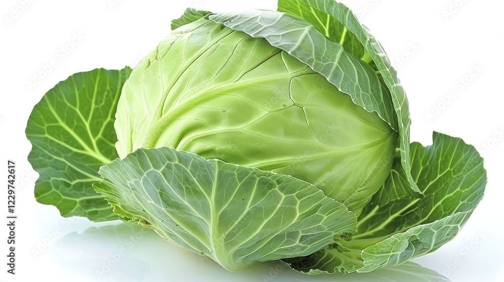 Fototapeta premium Whole green cabbage (Brassica oleracea Savoy) with smooth fresh leaves, AI generated