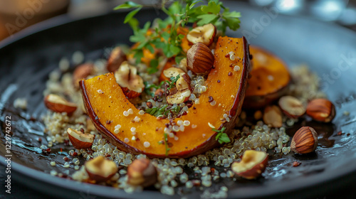 a vibrant and appetizing roasted pumpkin dish served with quinoa and crunchy hazelnuts, garnished with fresh herbs photo