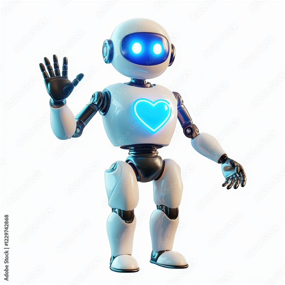 humanoid robot waving cheerfully with a glowing blue heart symbol on its chest, centered on a clean white background humanoid robot waving cheerfully with a glowing blue heart symbol on its chest, centered on a clean white background