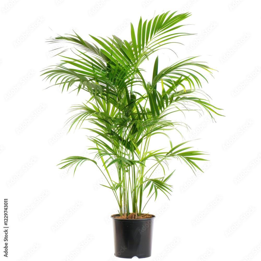 Fototapeta premium Lush Green Indoor Plant with Fine Leaves in Black Pot on White Background