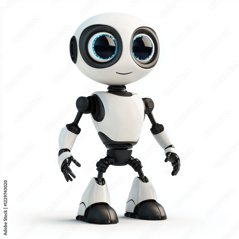 humanoid robot with large expressive eyes, standing in a welcoming pose, centered on a clean white background humanoid robot with large expressive eyes, standing in a welcoming pose, centered on a clean white background