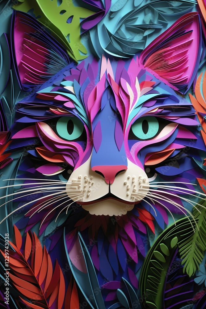 Obraz premium Imaginary cat in fantasy multicolored paper style, AI Generated