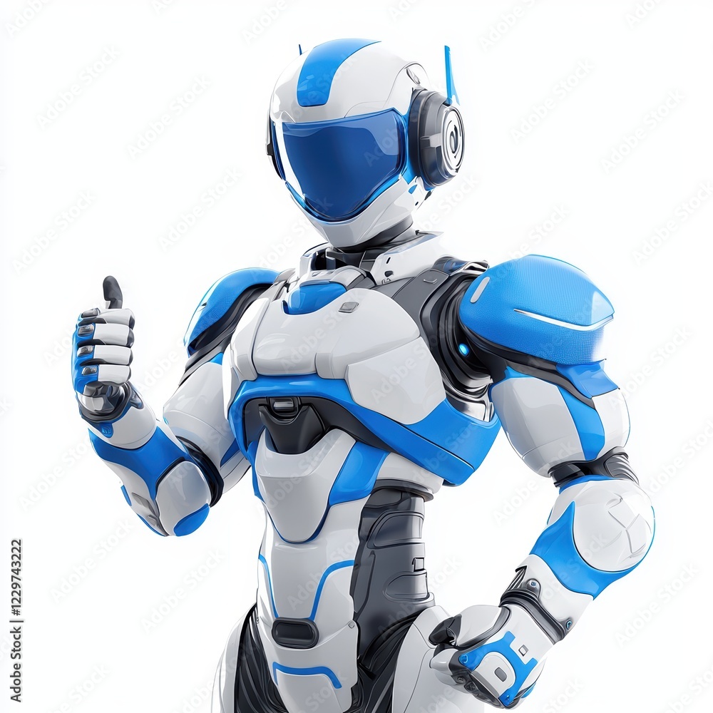 humanoid robot with blue and white panels, giving a thumbs-up, centered on a bright white background humanoid robot with blue and white panels, giving a thumbs-up, centered on a bright white background