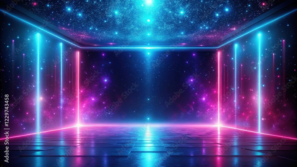 Futuristic Neon Glows Illuminate a Reflective Floor Under a Starry Ceiling, Creating an Enthralling Visual Spectacle Futuristic Neon Glows Illuminate a Reflective Floor Under a Starry Ceiling, Creating an Enthralling Visual Spectacle