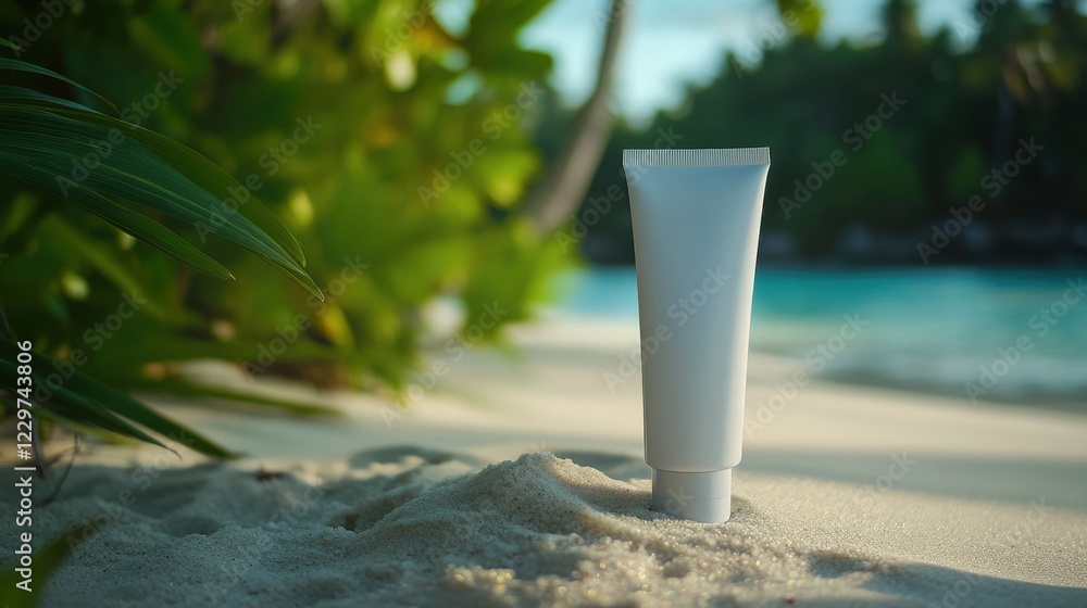On left side of image white cosmetics cream tube without labels, tube stays on sand , blurred Maldives beach on background, mockup On left side of image white cosmetics cream tube without labels, tube stays on sand , blurred Maldives beach on background, mockup
