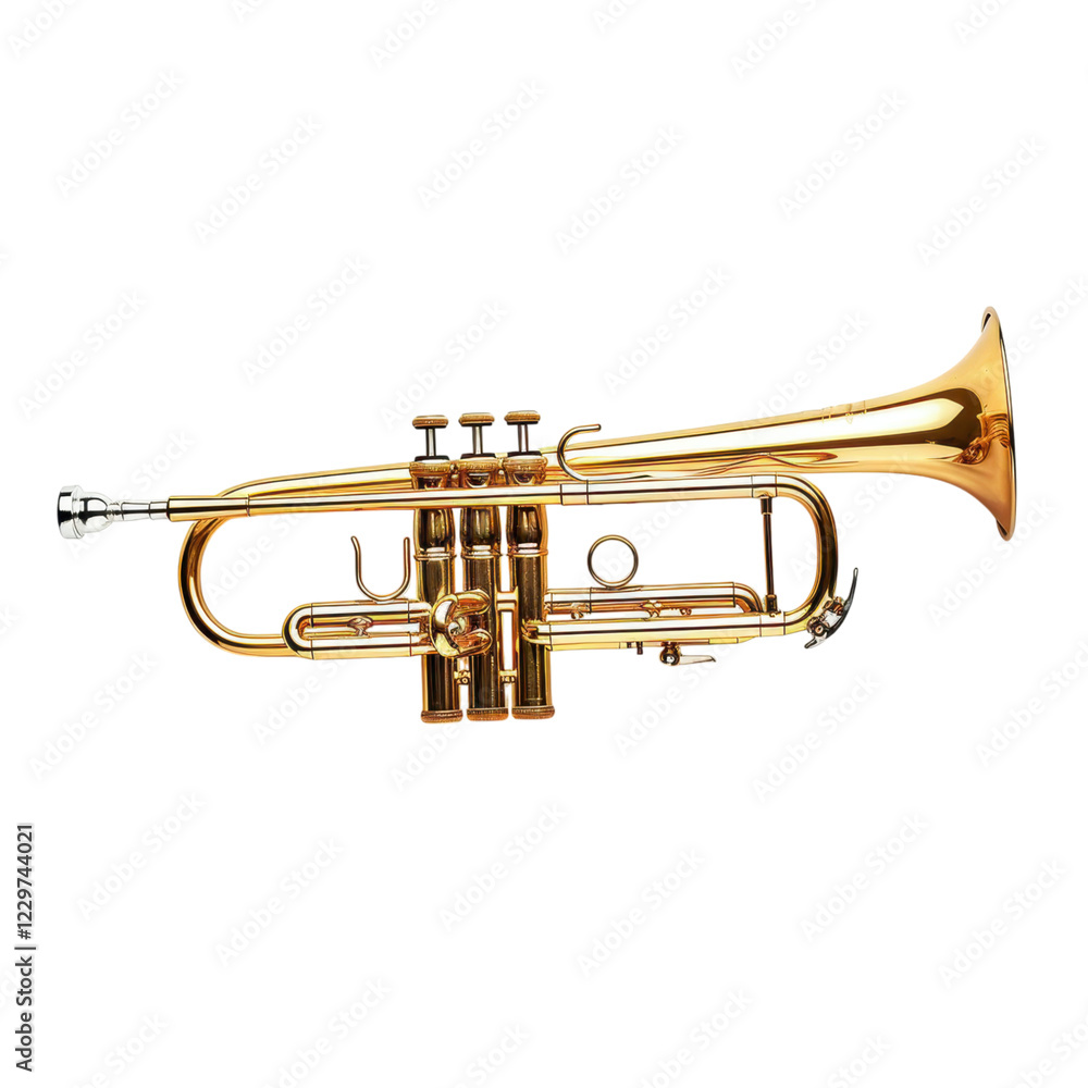 Obraz premium Gleaming brass trumpet on a white background for music lovers