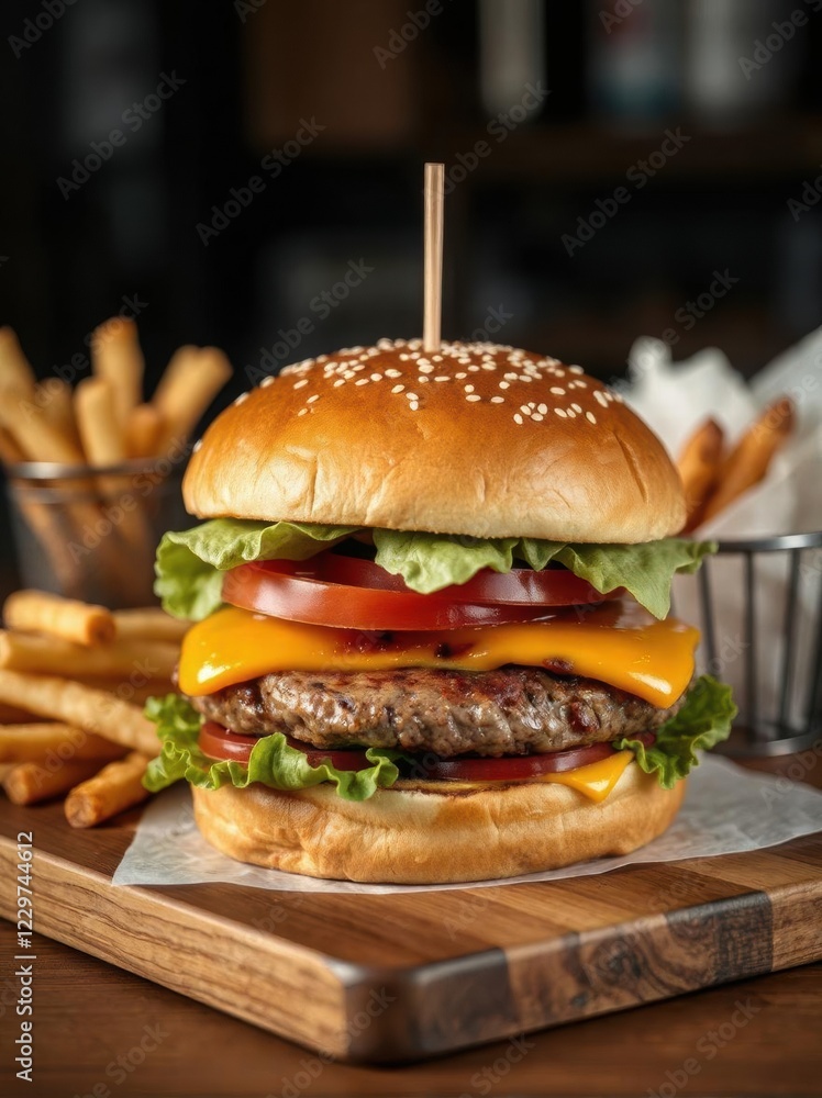 Big Tasty Fresh Beef burger. Captured in a restaurant or pub setting, showcasing a delicious meal composition. Delicious burger. Use for Banner, social media, flyer, ad. Vertical image Big Tasty Fresh Beef burger. Captured in a restaurant or pub setting, showcasing a delicious meal composition. Delicious burger. Use for Banner, social media, flyer, ad. Vertical image