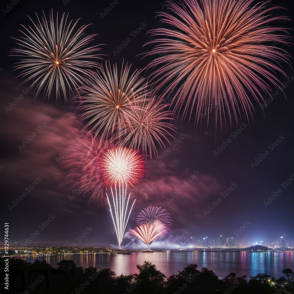 Vibrant fireworks over a city waterfront at night, lighting up the sky in colorful patterns, AI generated Vibrant fireworks over a city waterfront at night, lighting up the sky in colorful patterns, AI generated