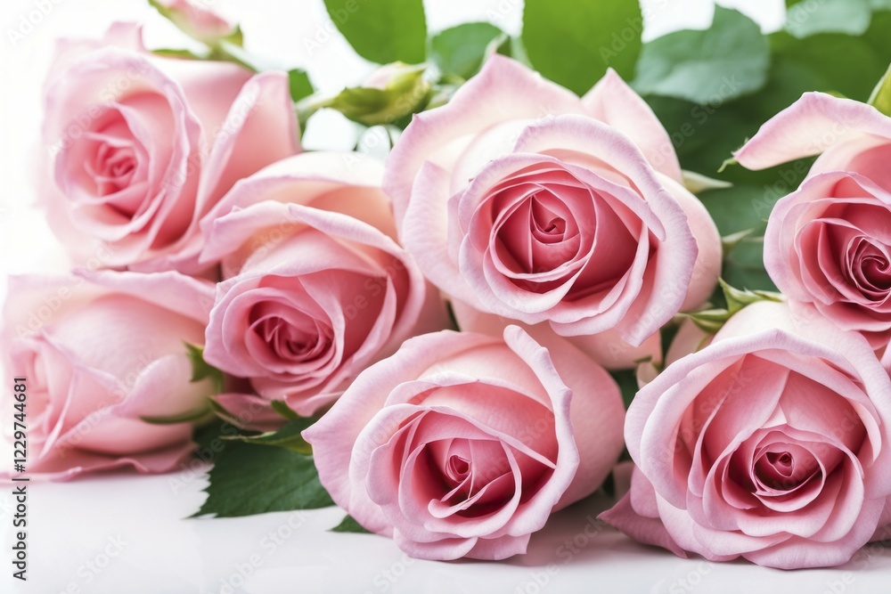 Fototapeta premium Lovely pink roses with green leaves placed on a white background, creating a light and airy feel, AI generated