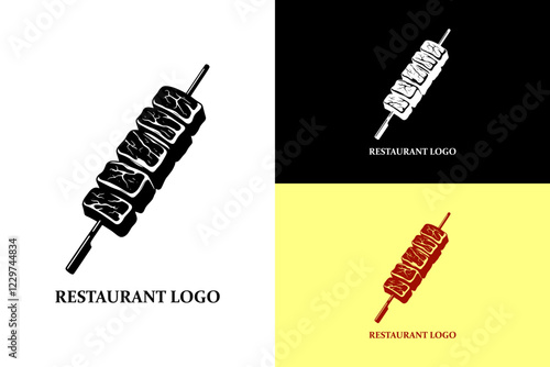 meat skewer with stacked cuts of beef, logo, slaughterhouse, slaughter house, bbq, barbeque, fast food, butcher market logo, restaurant logo, gourmet food, supermarket, superstore, organic food