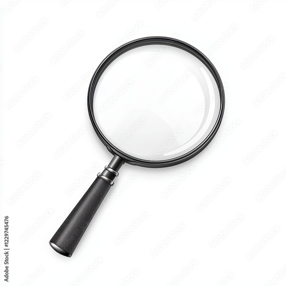 magnifying glass with a black handle and a clear glass lens, isolated on a clean white background magnifying glass with a black handle and a clear glass lens, isolated on a clean white background