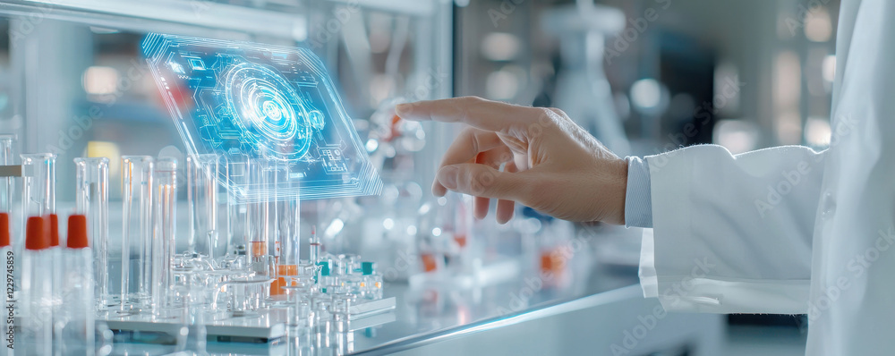 human hand interacts with holographic display in laboratory setting, showcasing advanced technology and scientific research human hand interacts with holographic display in laboratory setting, showcasing advanced technology and scientific research