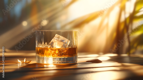 Golden rum, ice cube, sunset glow; tropical bliss.