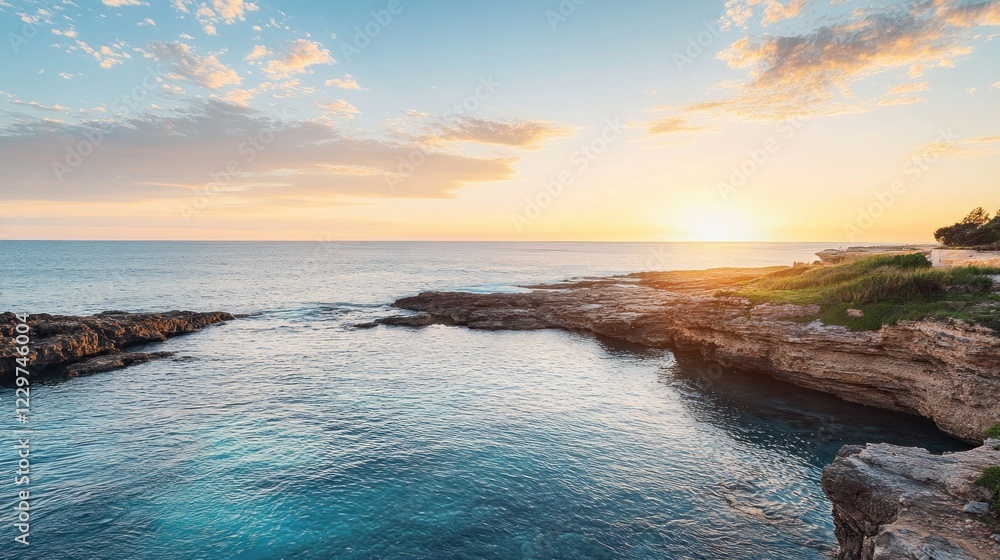 Coastal Sunset Landscape with Rocky Cliffs and Calm Waters