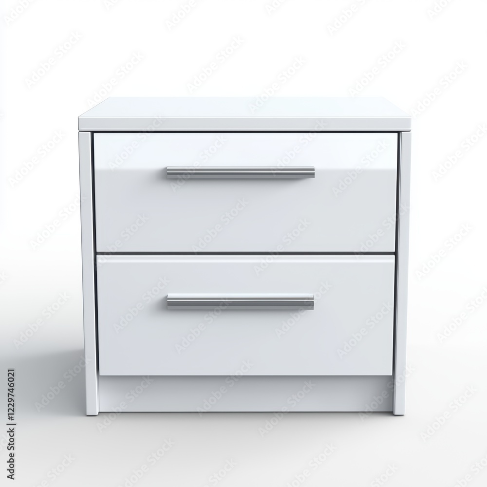 minimalist white bedside table with two drawers and sleek handles, placed on a clean white background minimalist white bedside table with two drawers and sleek handles, placed on a clean white background