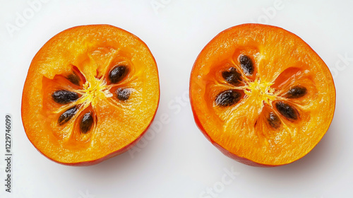 Close-up of a halved Mamoncillo fruit showcasing its vibrant orange flesh and black seeds photo