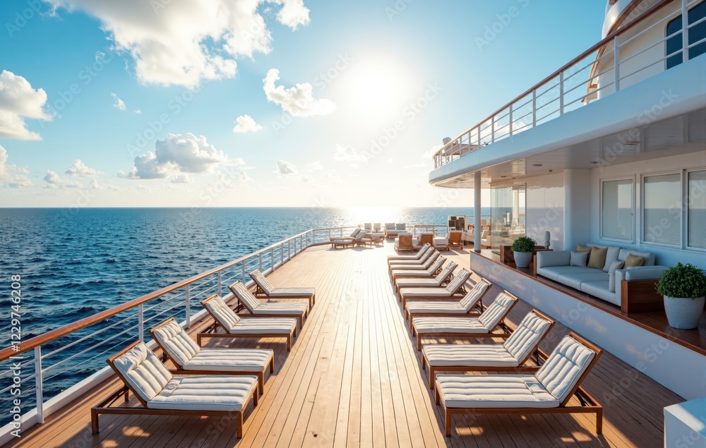 Obraz premium Cruise Ship Deck with Chaise Lounges and Ocean View