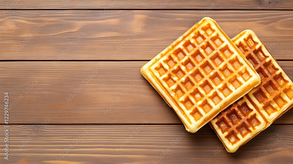 Golden Delicious Waffles on Rustic Wooden Table Background Golden Delicious Waffles on Rustic Wooden Table Background