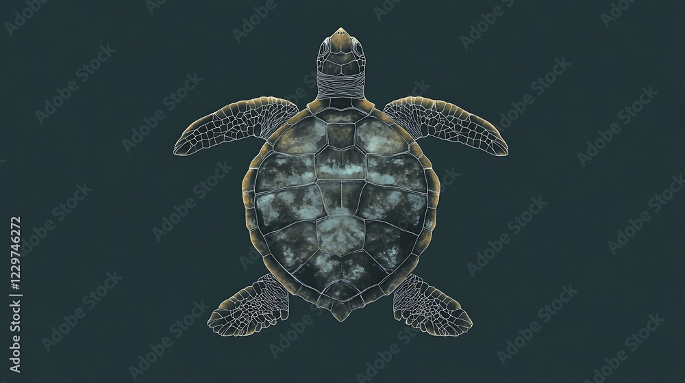 Fototapeta premium Baby sea turtle, top-down view, dark background, nature, educational resource