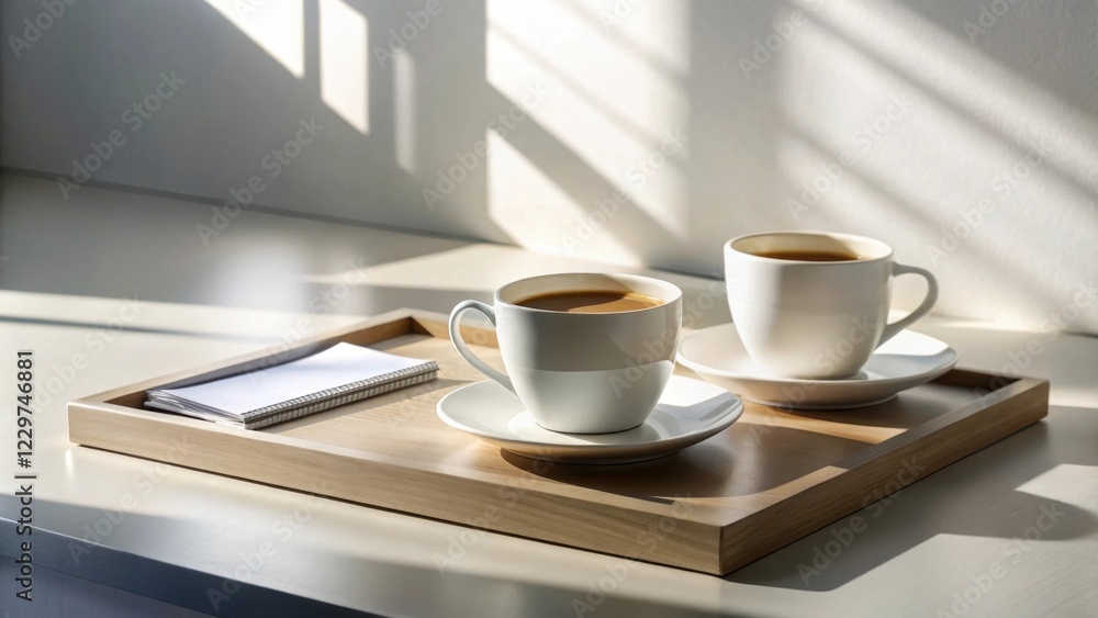 Obraz premium Two Cups of Coffee on a Wooden Tray with a Notepad in Sunlight