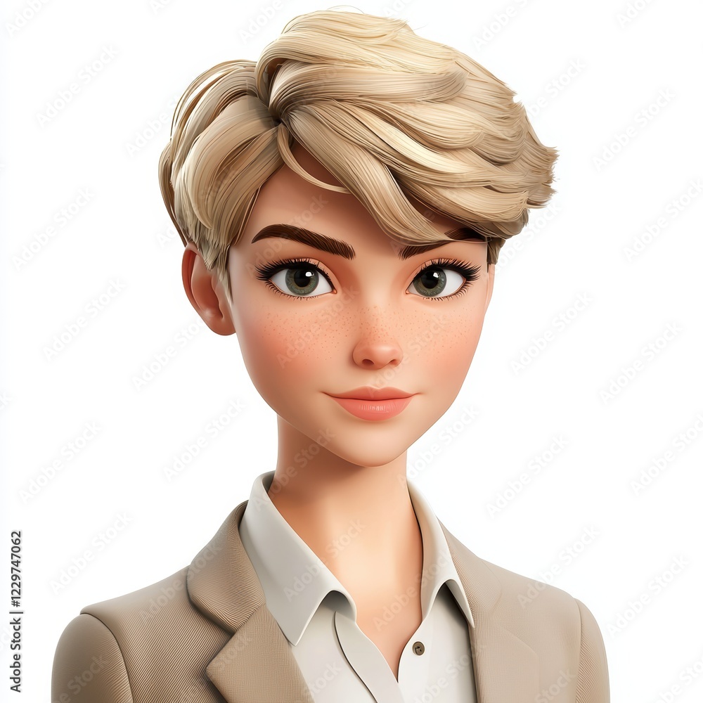 modern professional woman with short blonde hair, wearing a blazer and subtle makeup, placed on a white background modern professional woman with short blonde hair, wearing a blazer and subtle makeup, placed on a white background