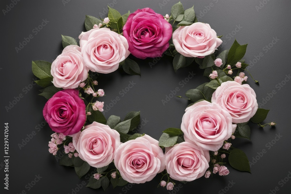 A floral wreath of pink roses with green leaves on a dark background, AI generated A floral wreath of pink roses with green leaves on a dark background, AI generated
