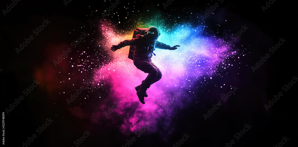Naklejka premium Astronaut Floating in Space with Vibrant Colorful Nebula - Cosmic Exploration Art