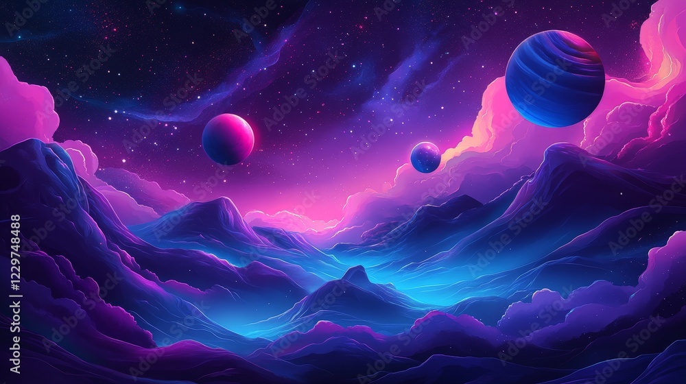 Beautiful illustration of a cosmic scene with planets, stars, and nebulae. Ideal for sci-fi, astronomy, and fantasy-related projects or educational materials. Beautiful illustration of a cosmic scene with planets, stars, and nebulae. Ideal for sci-fi, astronomy, and fantasy-related projects or educational materials.