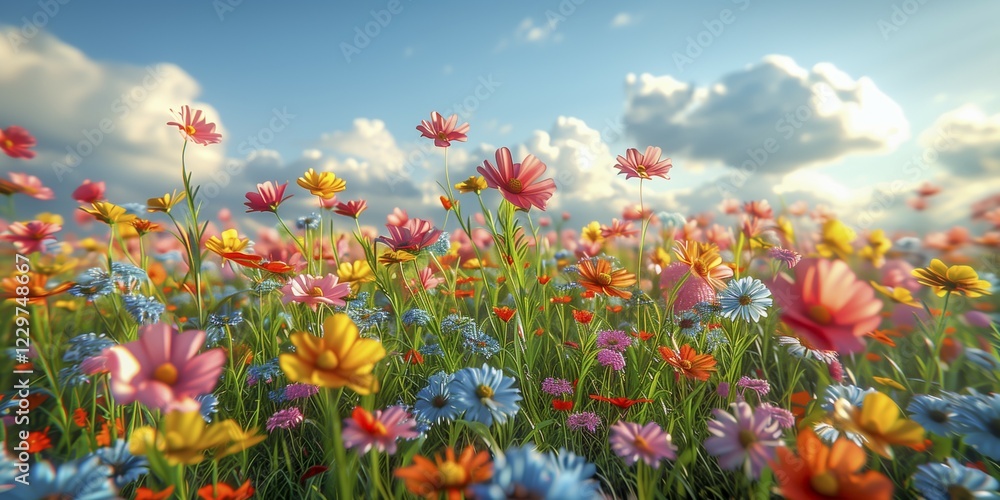 Fototapeta premium Illustration of a beautiful colourful flower meadow with a blue sky and impressive clouds. Depicted in the style of an oil painting. AI generated, AI generated, AI generated